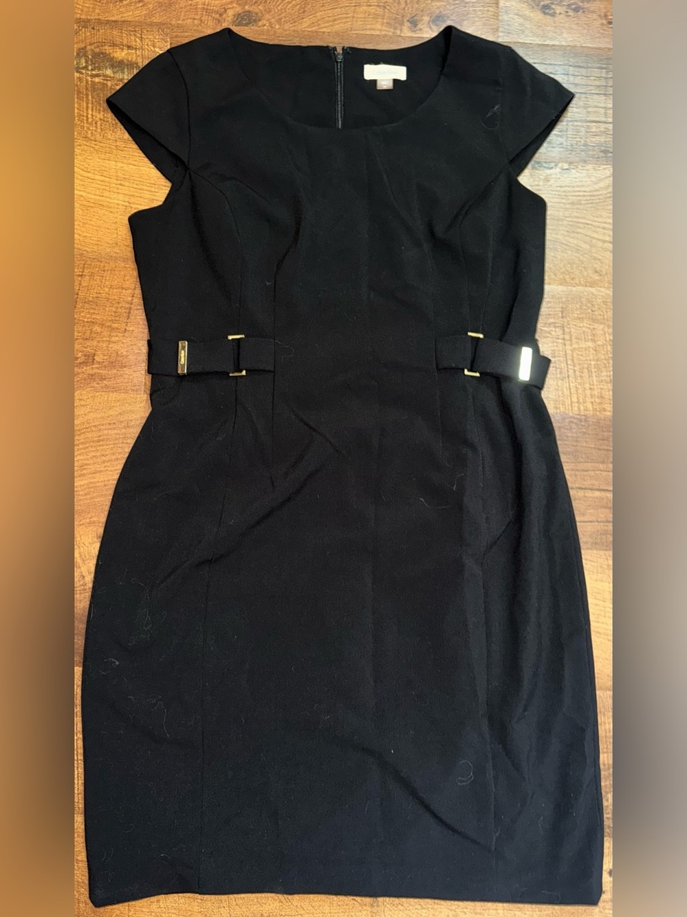 Calvin Klein Black Midi Sheath Dress with Gold Buckle Detail